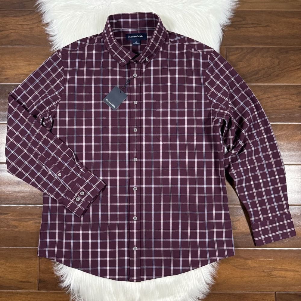 Mizzen + Main Men's Size XL Wine Richard Plaid‎ Button City Flannel Shirt Trim